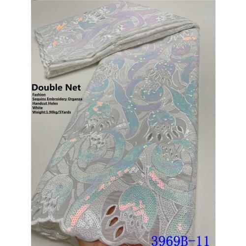 XIYA White Handcut Sequins African Lace Fabric 5 Yards High Quality Organza Embroidery Lace Material Nigerian Asoebi 3969B