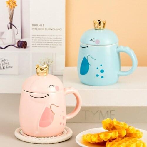 Funny Cute Coffee Mugs and Cups,Creative Dinosaur Mug Ceramic Cup Couple Tea Cup Water Cup Set with Lid Spoon Kawaii Mug Gift