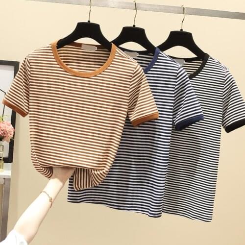 Super Fire Stripe Short Sleeve 2021 Summer New T-shirt Womens Versatile Korean Loose Round Neck Top