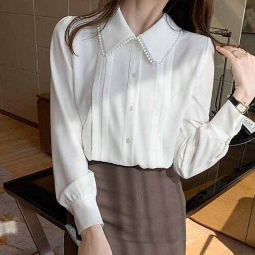 Lace Shirt Women 2021 Early Spring New Korean Loose Retro Hong Kong Flavor Wild Long-sleeved Professional Top