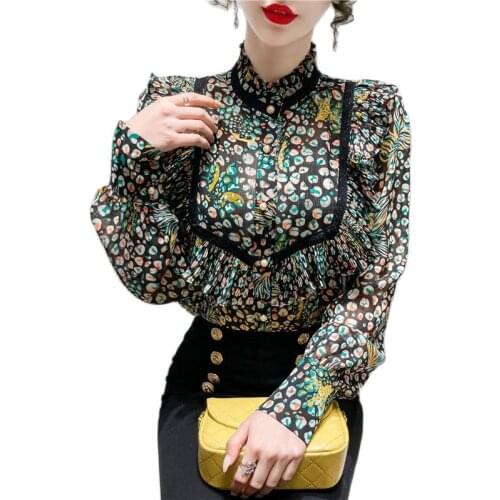Womens Summer Shirt 2021Fashion Printed Sweet ruffled Top Female Long Sleeve Sun Protection Shirt Female Chiffon Shirt
