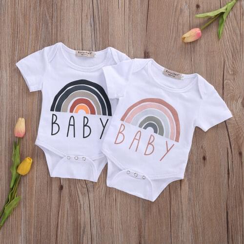 2021 0-18M Newborn Infant Boy Girls Cotton Rompers Summer Rainbow Striped Print Short Sleeve Jumpsuit Playsuit Outfit