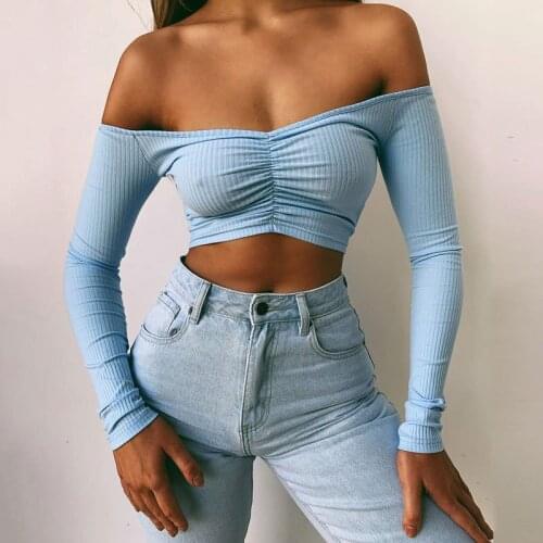 Women Long Sleeve Crop Tops Sexy Deep V Neck Basic Solid 4 Colors Lady Casual Tshirt Sexy Off Shoulder T Shirts Summer Autumn