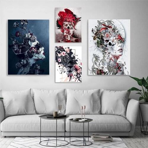 Woman Face and Animal Flower Creative Canvas Painting Skull Fusion Mural of Snake Poster on The Head Interior Home Decoration
