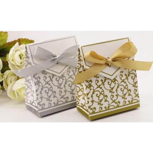 20pcs/lot Wedding Sweet Box Gold Silver Flower small Candy Box golden pillow Box Birthday Party Favor Gift Box With Ribbon