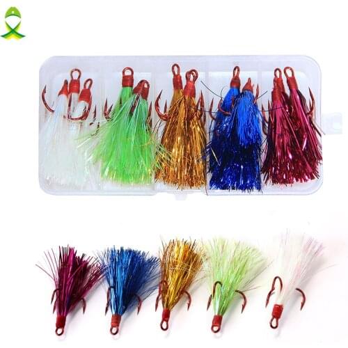 JSM 15pcs/box lure accessories fishing Treble Hook with feather Teaser Tail flash Hook for spoon bait fly fishing lures