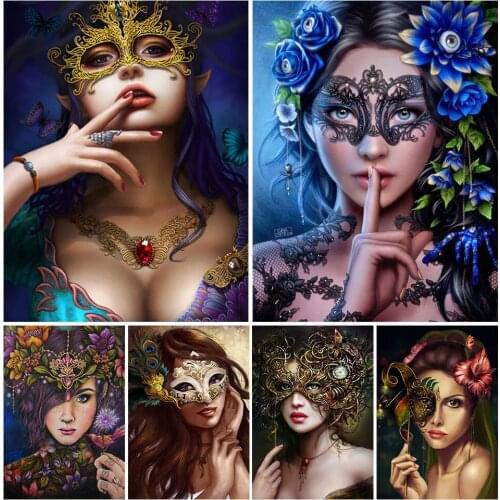 Diamond Painting Woman with Mask Full Drill 5D DIY Diamond Embroidery Mosaic Flower Rhinestone Picture Kit Portrait Home Decor