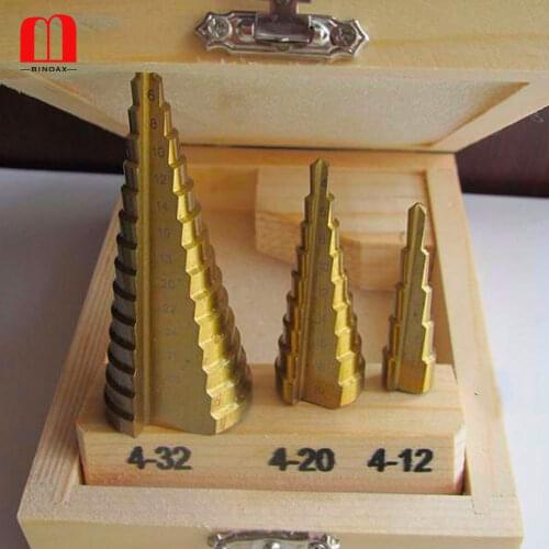 Binoax 3 Pcs/set HSS4241 Cone Titanium Coated Step Drill Bit Set Tools 4-32mm 4-20mm 4-12mm Hole Cutter With Wood Case