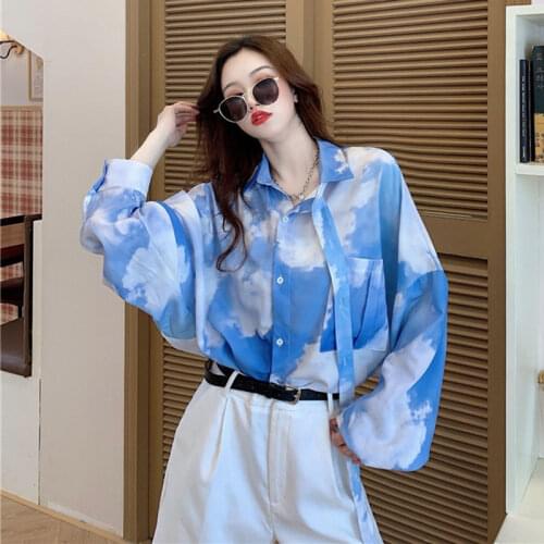 Blouse Women Shirt Blue Sky White Clouds Tie-Dyed Womens 2021 Spring Loose Lapel Long Sleeves Top Blusas Mujer De Moda