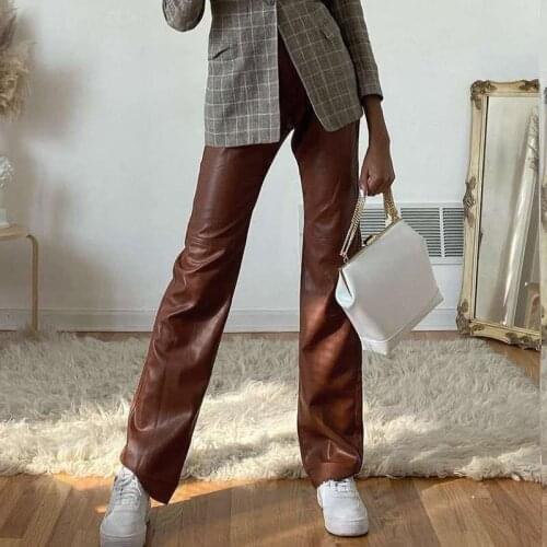Vintage High Waist Button Pocket Straight Loose Legs Womens Trousers Autumn Pu Faux Leather Elegant Female Pants