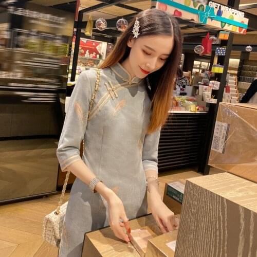 Cheongsam skirt modern style 2021 spring sweet improved young girls 3 / 4 sleeve retro dress