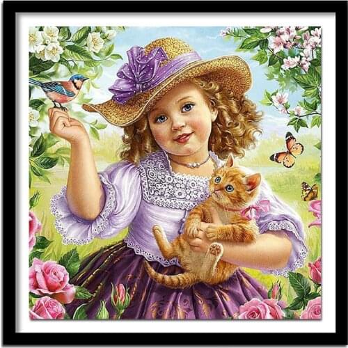 GOANG Full Rhinestone Painting Crystal Decor 5D DIY Diamond Painting girl holding cat Cross Stitch Pattern Diamond Embroidery