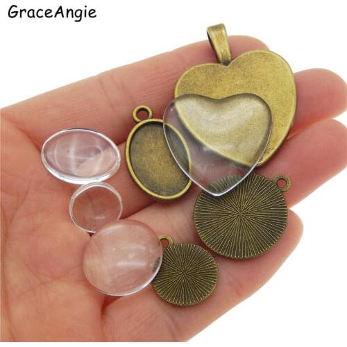GraceAngie 4set zinc alloy Antique Bronze Heart Oval Mix Tray Bezel Blank Necklace Pendants with Glass Cabochons DIY findings
