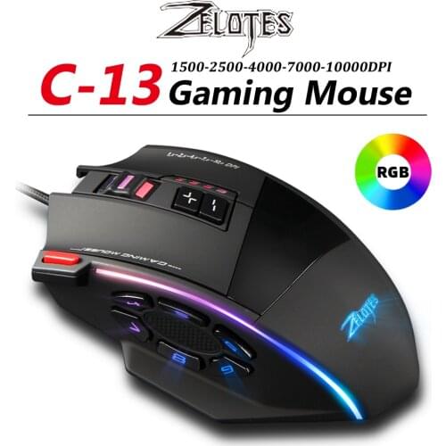 ZELOTES C-13 RGB Gaming Mouse with Side Buttons Macro Programming 10000DPI Adjustable 13 Key Wired USB Backlit Mouse for Desktop