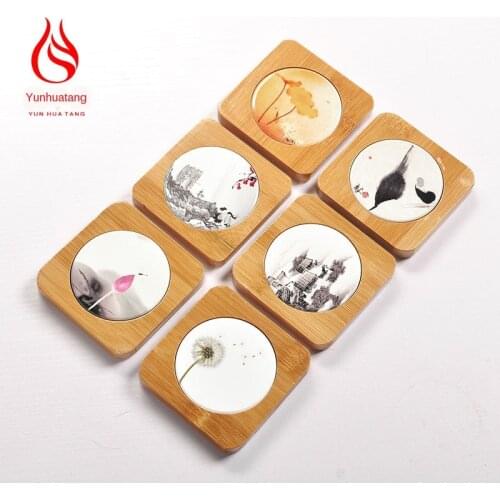 Hand-Painted Ceramic Cup Mats Tea Mat Square Natural Bamboo Coaster Tea Tray Custom Kung Fu Tea Set Tea Ceremony Pottery