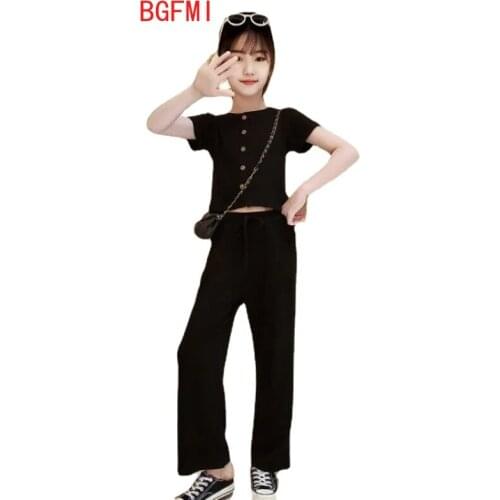 90% Cotton Summer Girls Clothes Set Fashion Kids Clothing Outfits Solid T Shirt Black Tops & Pants 2Pcs Suits for Teens 4-13 Yrs