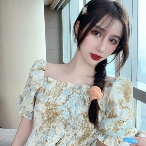 Summer Floral One-shoulder Puff Sleeve Chiffon Female Square Collar Super Fairy Design Short-sleeved Shirt