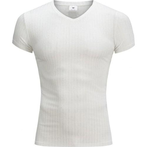 Men T-shirt Stripe Slim Sporty V Neck Solid Color Knitted T-shirt for Daily Life