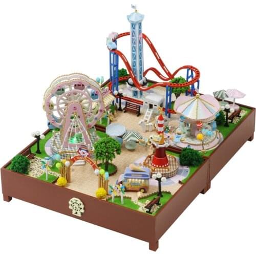 New Miniaturas Kids Doll House Amusement Park Series Carousel And Ferris Wheel Assemble Wooden DIY Home Children Play Toys