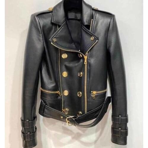 Cosmicchic 2021 Autumn Winter Leather Jacket Women Black Lambskin Motorcycle Jacket Lapel Double Breasted Zipper Leather Coat