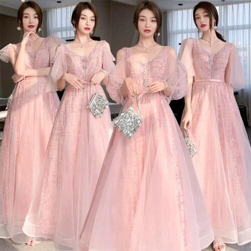 Bridesmaids Dress Illusion V-Neck A-Line Three Quarter Sequined Embroidery Tulle Off The Shoulder Women Wedding Party Gown E247
