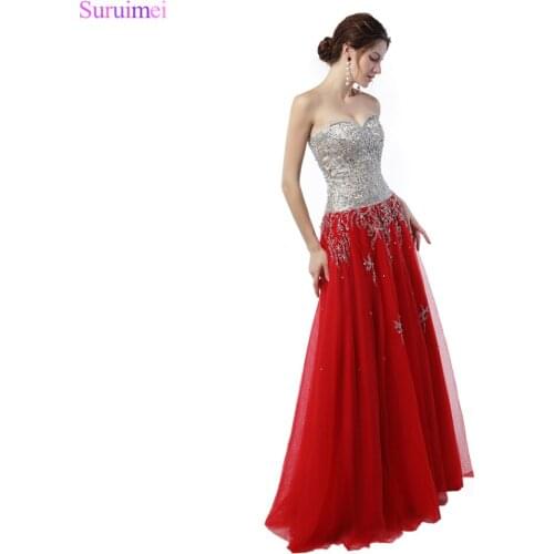 New Arrival Contrast Prom Dresses Beaded High Quality Champagne Red Tulle Corset Long Prom Gown