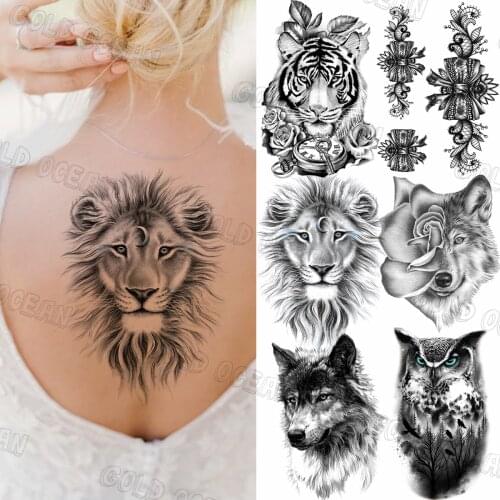 Realistic Lion Temporary Tattoos For Women Men 3D Tiger Rose Wolf Owl Fox Compass Fake Tattoo Sticker Cook Back Tatoos Thigh