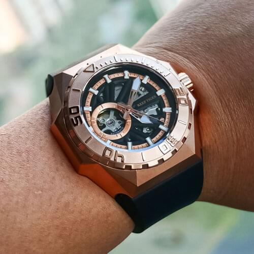 Reef Tiger/RT Top Brand Luxury Mechanical Skeleton Watch Rose Gold Watches For Men Automatic Rubber Watch Accessories RGA6903-S