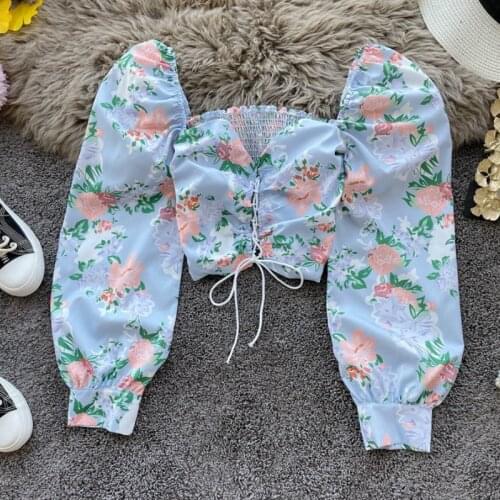 Retro Slash Neck Lace Up Ruffles Shirts Fairy Sweet Floral Printed Pleated Blouses Lantern Sleeve Elastic Crop Tops Blusas Mujer