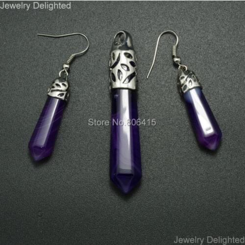 Natural Purple Stripe Aga-te Gems Stones Hexagonal Point Reiki Chakra Healing Pendant and Earrings Set Beads Silver 2Sets/lot