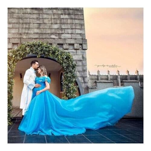 Chic Sky Blue Princess Maternity Dresses For Photo Shoot Cap Sleeves Ruffles Butterfly Long Train Tulle Pregnancy Gowns