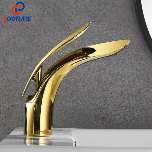 SOGNARE Wash Basin Faucet for Bathroom Basin Mixer Cold and Hot Single Handle Brass Bathroom Faucet Single Hole Faucet Gold Taps