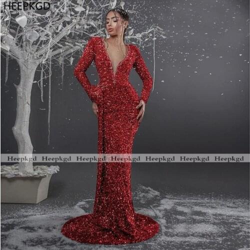 Dark Red Sparkly Mermaid Evening Dress Long Sleeves Deep V Neck Sequins Gowns For Black Girls Plus Size Occasion Evening Dresses