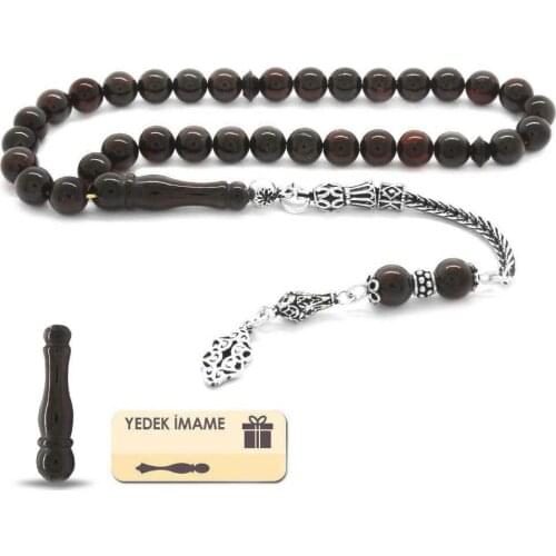 Tesbihane 925 Sterling Silver Tassels Sphere Cut Fire Red Drop Amber Rosary (M-1)