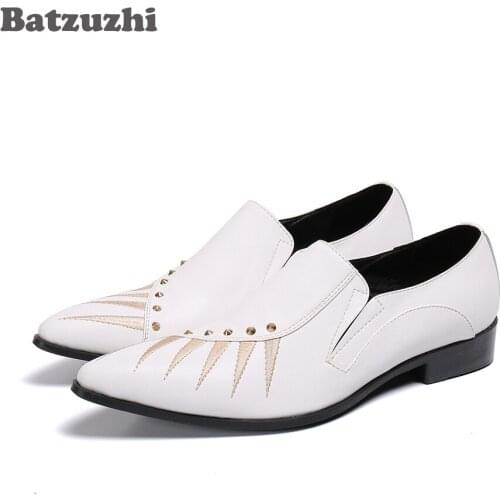 Batzuzhi British Type Mens Shoes Pointed Toe White Leather Dress Shoes for Men Party and Wedding Business zapatos de hombre