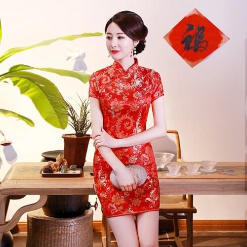 Spring/Summer 2020 new modified cheongsam short dress woven brocade retro pattern slimming big size mom womens wear