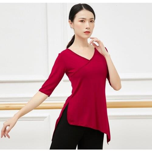 Adult Comfortable Modal Belly Dance T Shirt V Neck Split Asymmetric Hem Top Costume for Women Dancing Clothes Dancer Wear