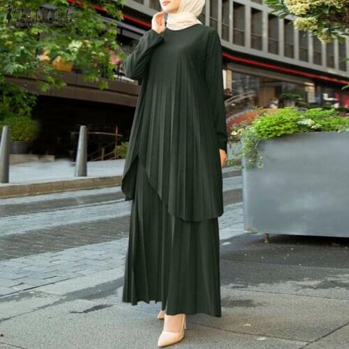 Womens Fashion Muslim Sets ZANZEA Long Sleeve Pleated Blouse Tops Casual Wide Leg Pants Vintage Turkish Suit Sets 2Pcs Oversize