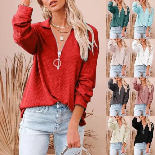 2021 Fashion Tshirts Women Ladies Long Sleeve Loose T-shirt Tee Casual Solid Color Loose Zip V-neck Plus Size Clothes Basic Tops