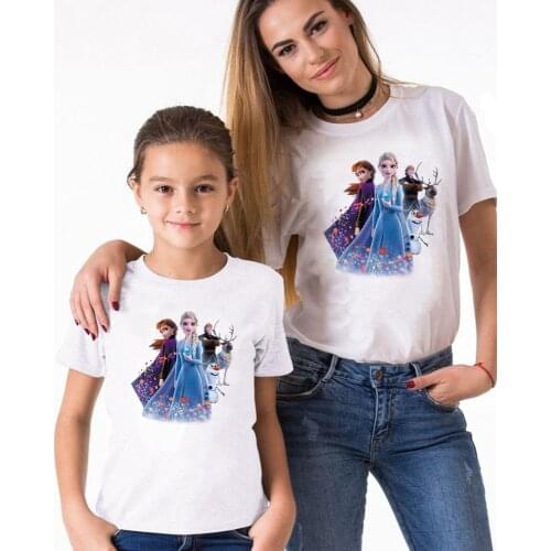 Frozen Elsa Anna Princess Printed Graphic Tees For Girls Sisters Women Summer White Basic Tee Shirts Family Mommy And Me Tops