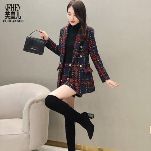 Knitted suit women two-piece 2021 new autumn and winter plaid top skirt suit jacket