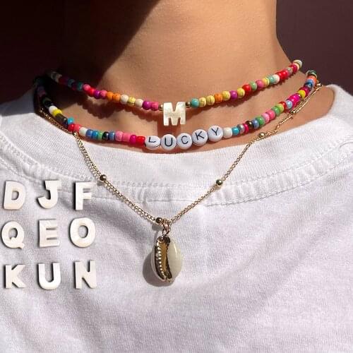 Double Layer Shell Pendant A-Z Letter Beaded Necklace Mix Color Acrylic Bead Name Initial DIY Necklaces Long Metal Chain Jewelry