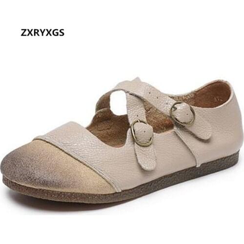 ZXRYXGS 2021 Promotion Genuine Leather Splicing Cross Buckle Classic Retro Shoes Women Flat Shoes Soft Sole Comfortable Shoes