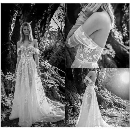 2020 New A Line Wedding Dresses Off The Shoulder 3D Floral Appliqued Lace Bridal Gowns Sweep Train Tulle vestido de novia