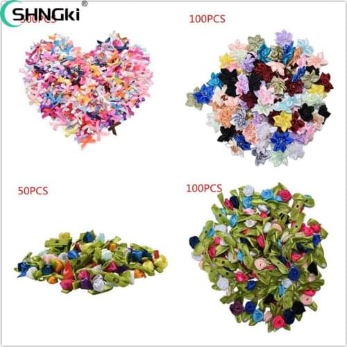 500PCS/100PCS/50PCS Mix Color Small Rose Flower Mini Handmade Satin Ribbon Rose Head Wedding Scrapbooking Decoration