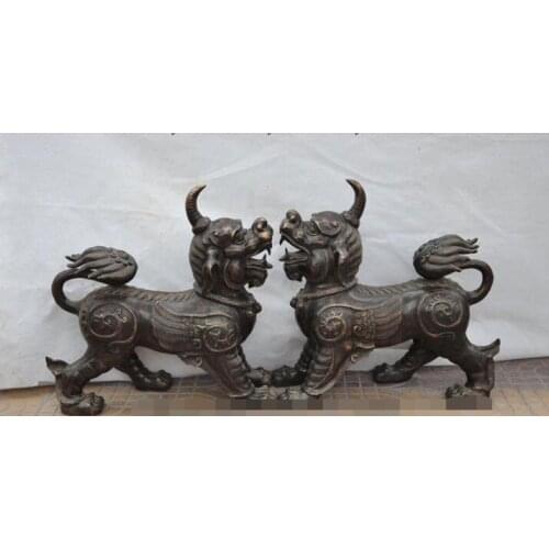 Free shipping S00085 23"Old Chinese Bronze evil spirits fly Kylin Unicorn Guardian beast PiXiu Statue