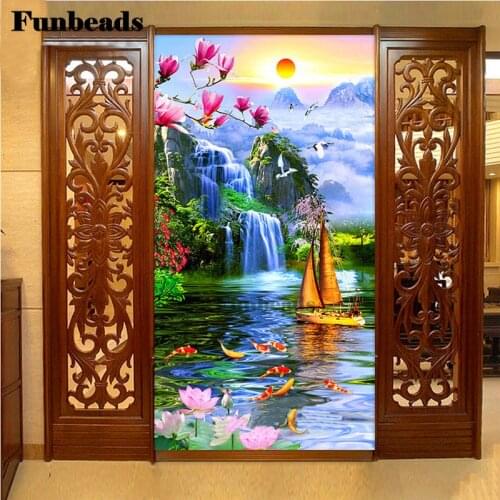 Large DIY Diamond Embroidery beautiful Waterfall Boat 5d Full diamond painting Cross Stitch Magnolia Flowers Koi FIsh art FF1033