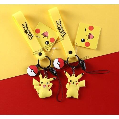 Genuine Pokemon Pikachu Keychain Creative Cartoon Doll Car Keyring Bag Silicone Pendant Mobile Phone Hanging Rope Birthday Gifts
