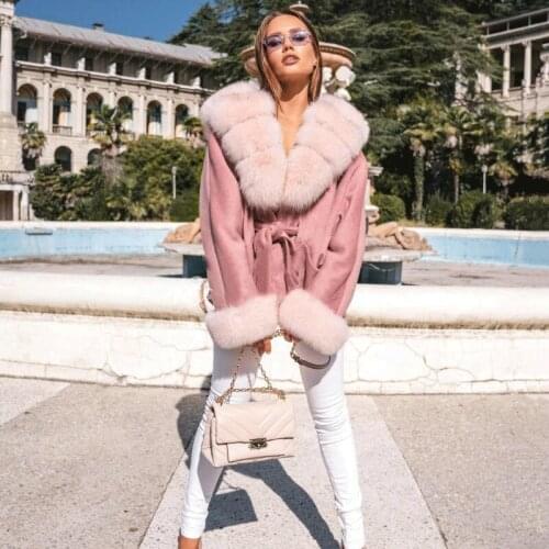 FURSARCAR 2021 New Arrival Real Fox Fur Pink Coat Natural Fur Jacket Top Fashion Female Slim Thick Warm Winter Luxury Overcoat