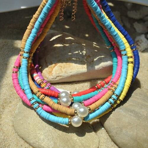 Boho Pearl Soft Clay Necklace Colorful 6mm Round Polymer Beads Choker Adjustable Collar Summer Beach Femme Jewelry Couple Gift